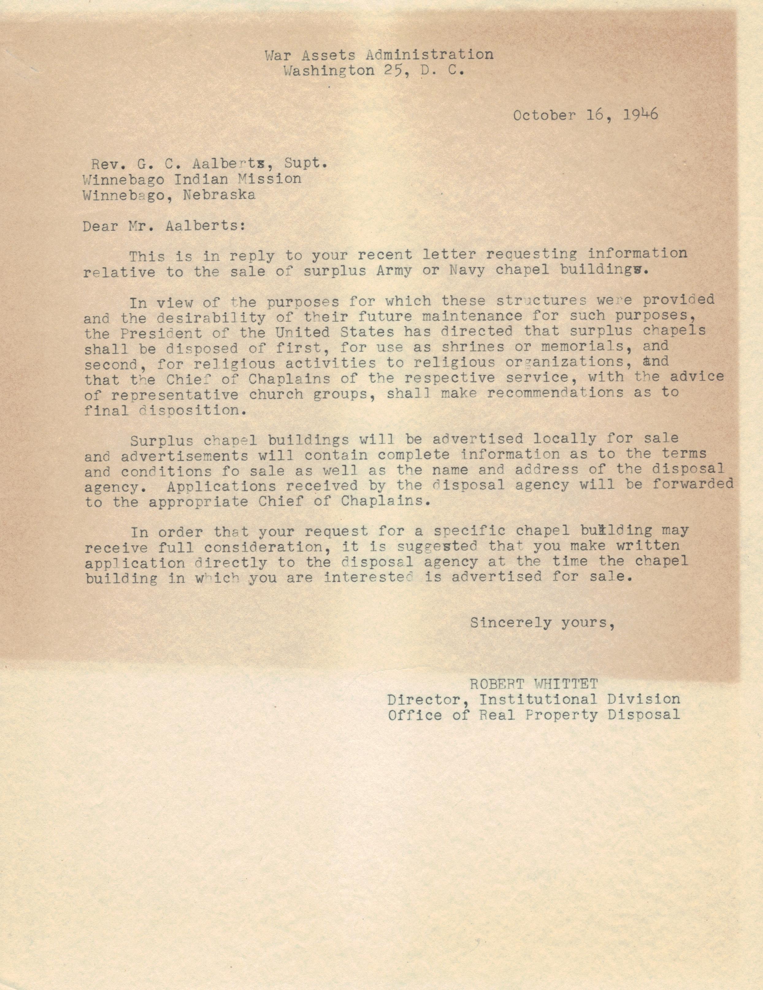 Response, War Assets Administration, Washington D.C., October 16, 1946